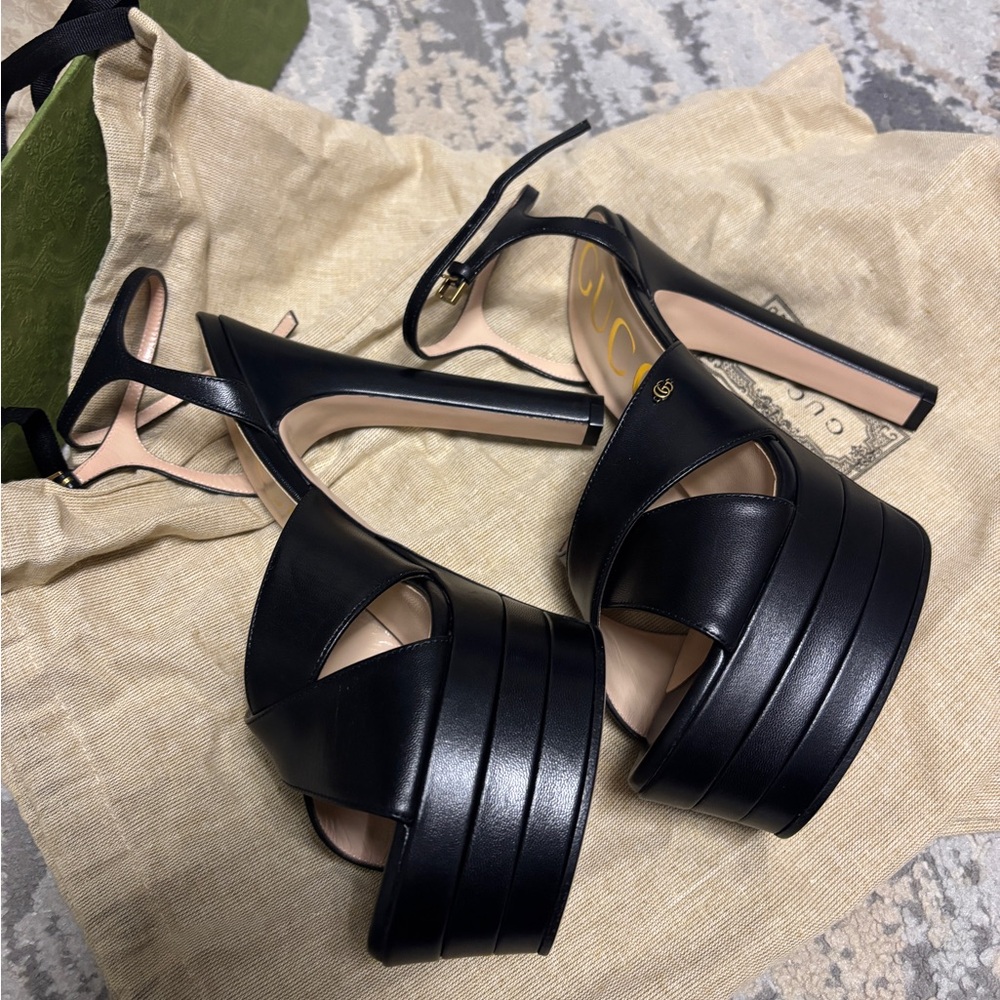 New Gucci Malaga Kld Platform Sandals Heels Black and skin rose color. - Picture 6 of 15